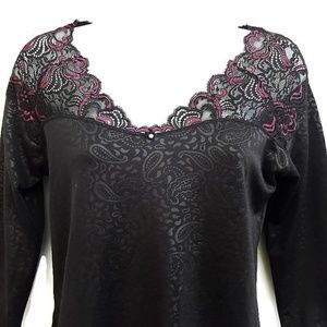 Blouse Black Shiny Paisley Embossed Pink Lace Rhinestone V-Neck Whimsygoth M